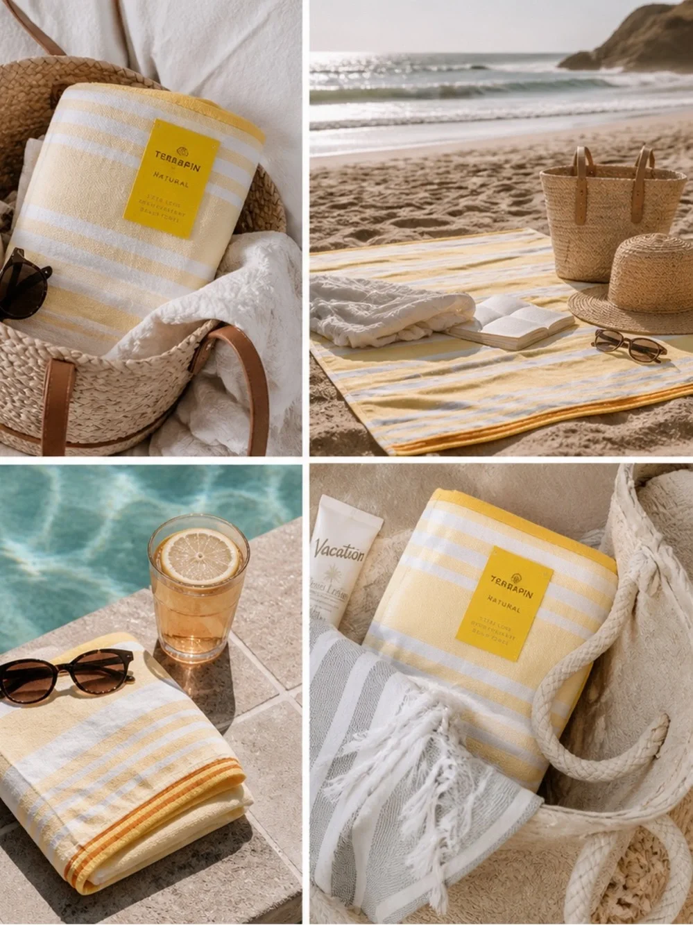Yellow Striped Turkish Sand Resistant Extra Long Beach Pool Towel, 100% cotton